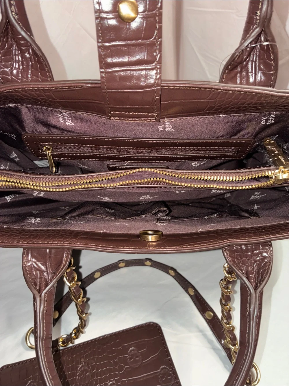 Betsey Johnson Structured Embossed Tote with Detachable Pouch - Brown